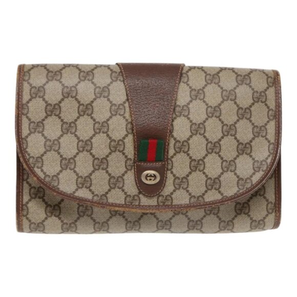 GUCCI GG Supreme Web Sherry Line Clutch Bag Brown 1 - Picture 1 of 15